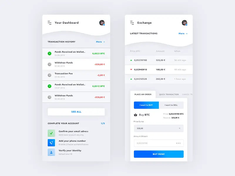Dashboard Cryptocurrency Exchange iOS App