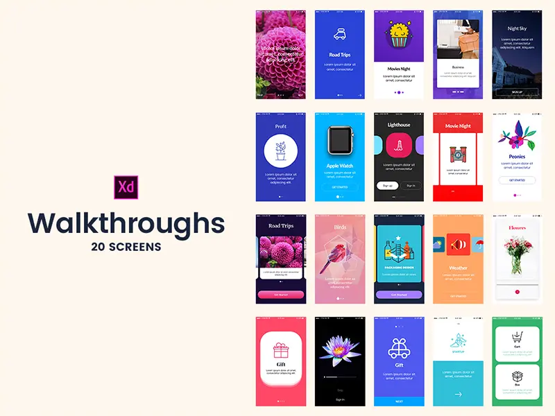 Adobe XD 20 Walkthrough Screens